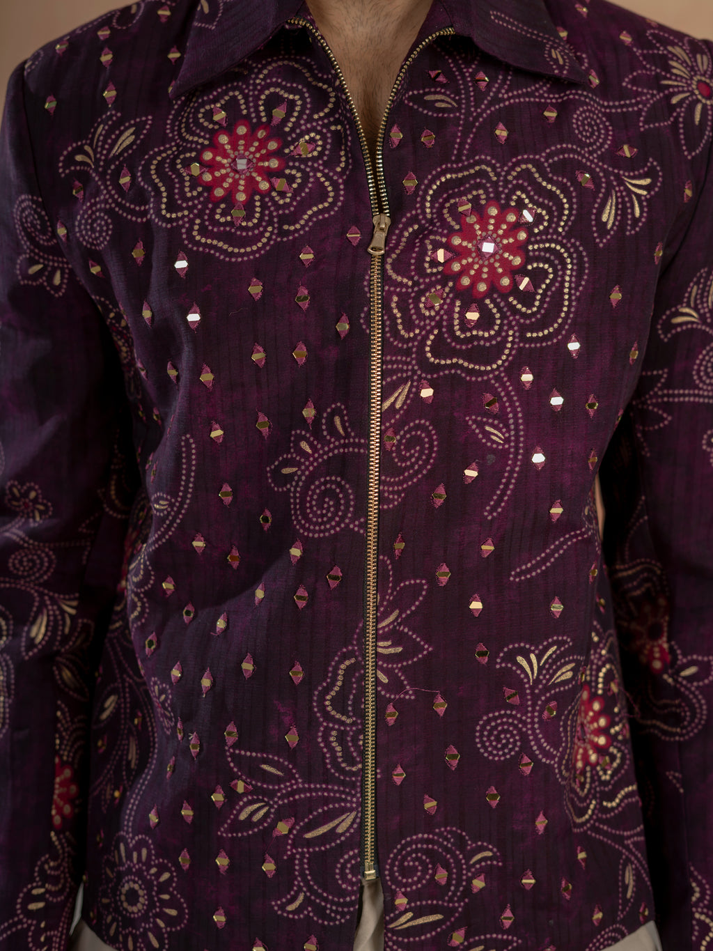 Modern Purple Khadi Silk Thread & Mirror Work Bomber Jacket Pant Set