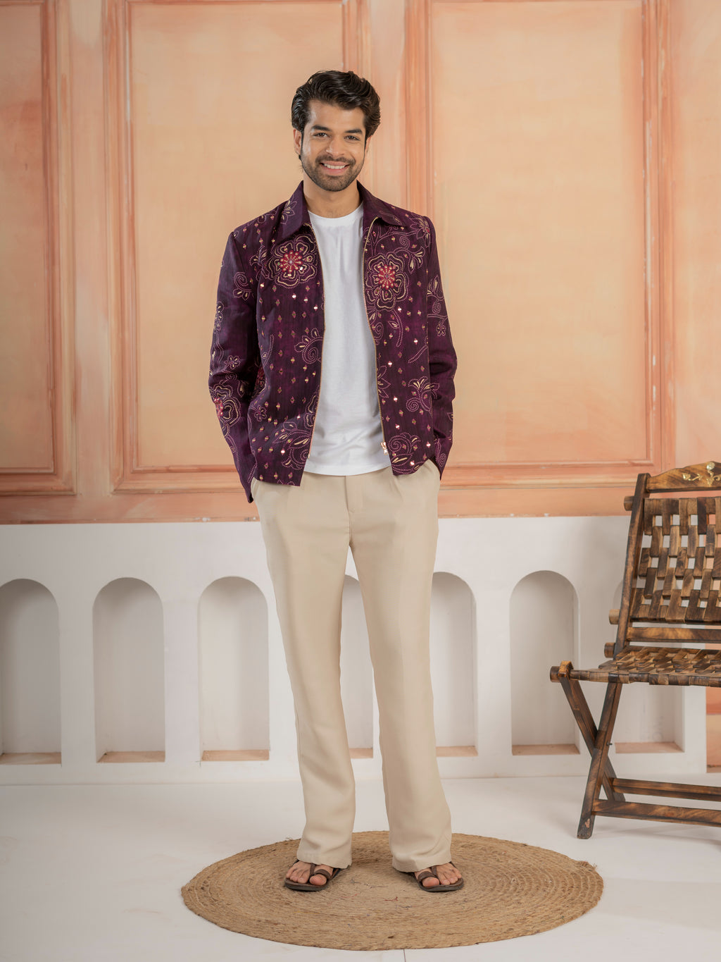 Modern Purple Khadi Silk Thread & Mirror Work Bomber Jacket Pant Set