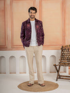 Modern Purple Khadi Silk Thread & Mirror Work Bomber Jacket Pant Set