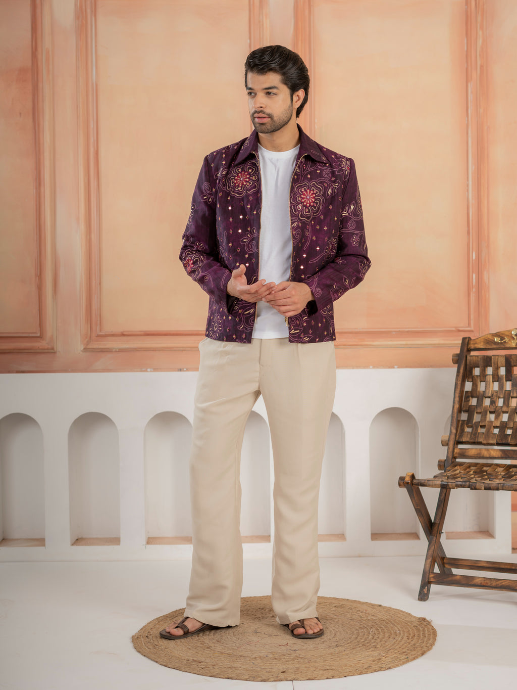 Modern Purple Khadi Silk Thread & Mirror Work Bomber Jacket Pant Set