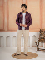 Modern Purple Khadi Silk Thread & Mirror Work Bomber Jacket Pant Set