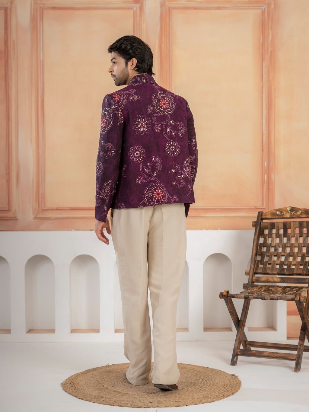 Modern Purple Khadi Silk Thread & Mirror Work Bomber Jacket Pant Set