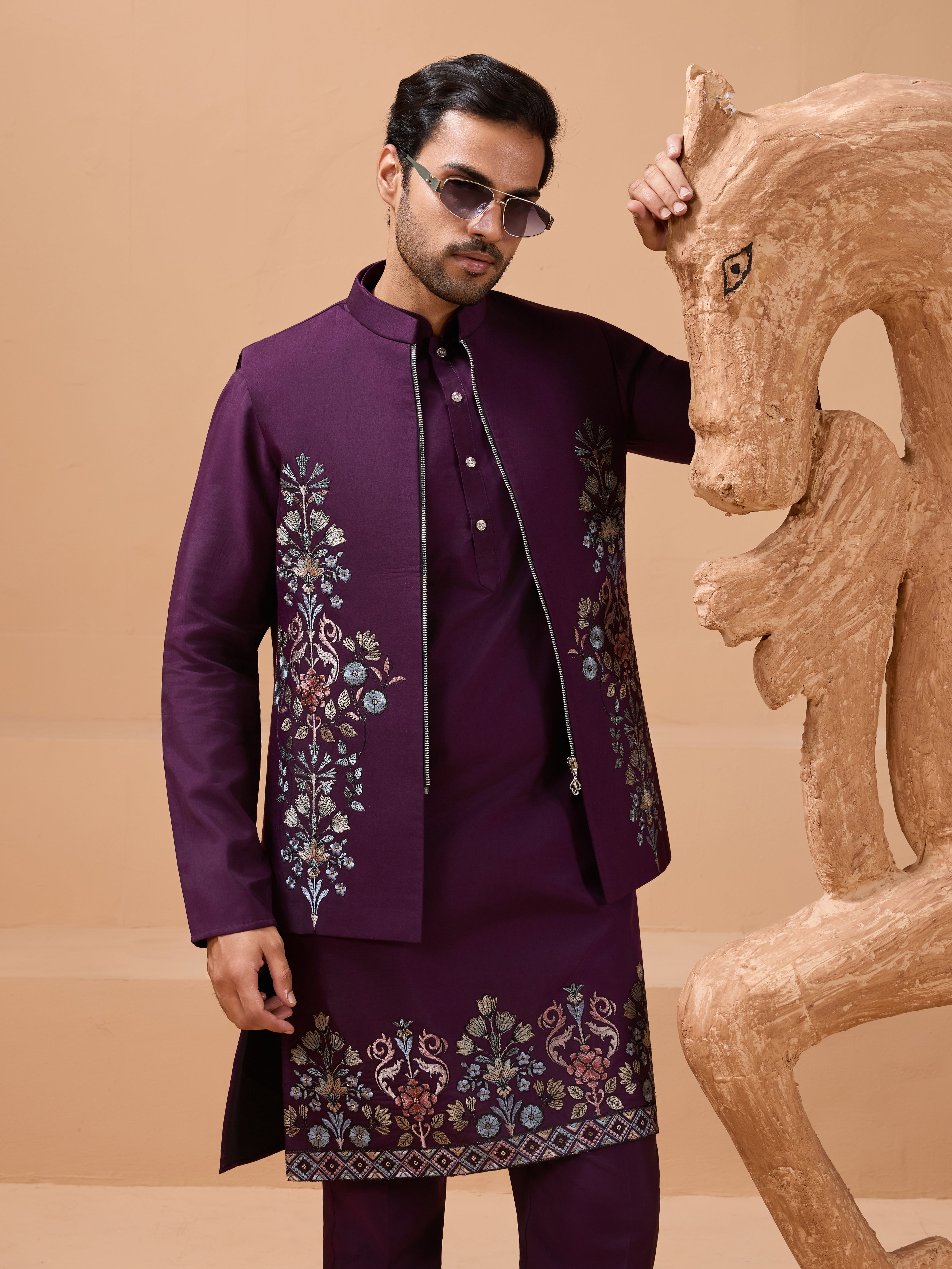Vibrant Purple Color Koti Kurta Set Pair for Men Collection
