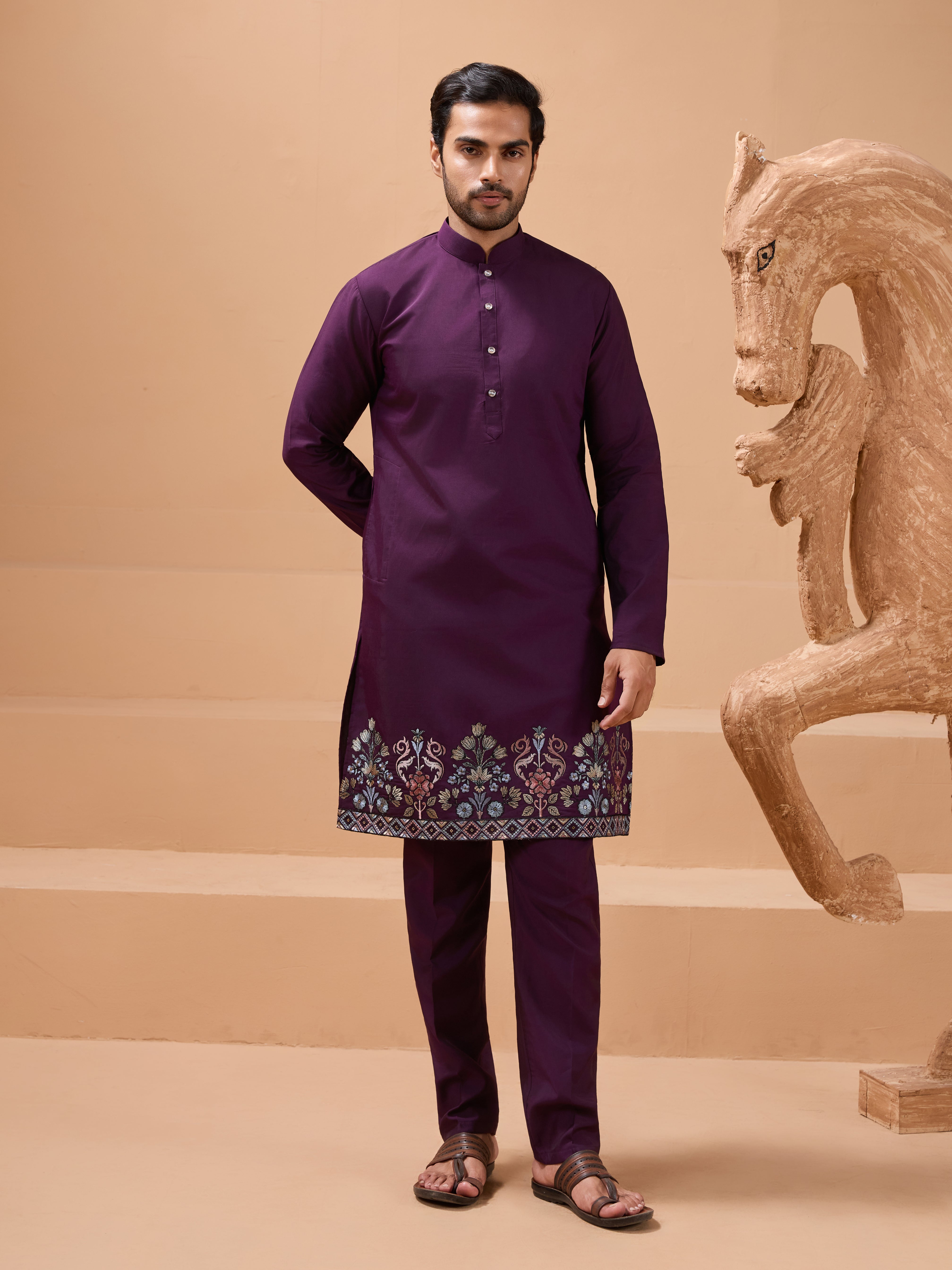 Vibrant Purple Color Koti Kurta Set Pair for Men Collection
