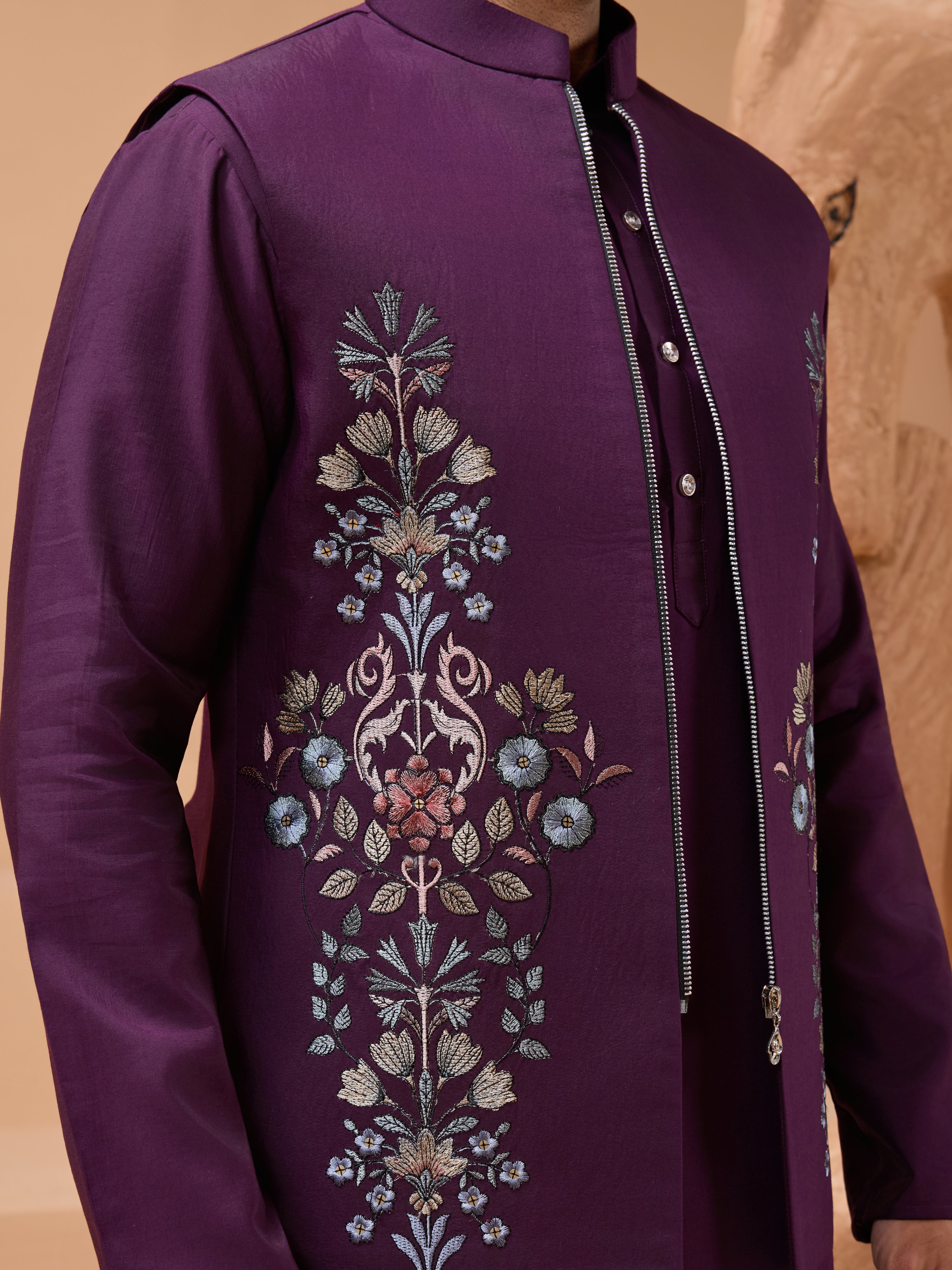 Vibrant Purple Color Koti Kurta Set Pair for Men Collection
