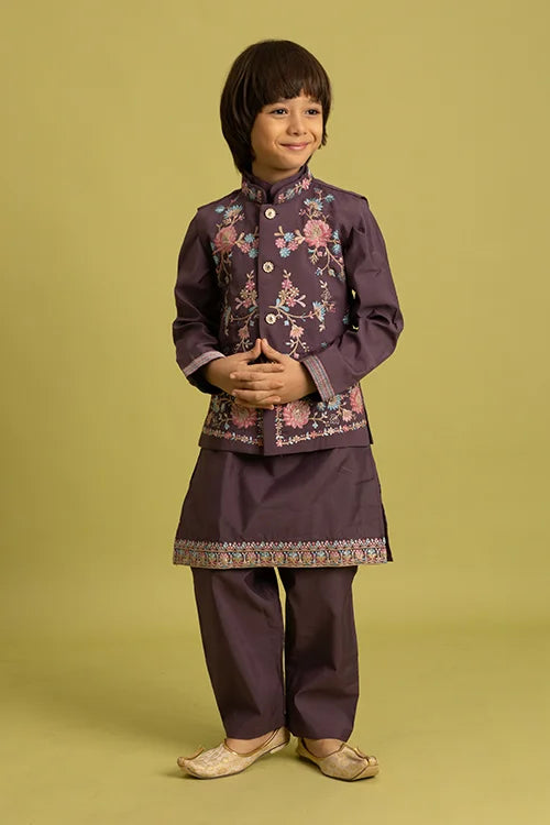 Premium Purple Kids Koti Kurta Pajama Set for Wedding Style