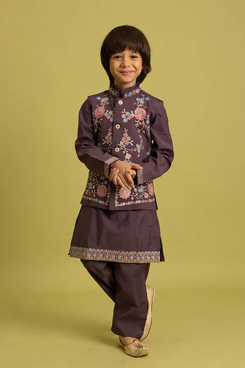 Premium Purple Kids Koti Kurta Pajama Set for Wedding Style