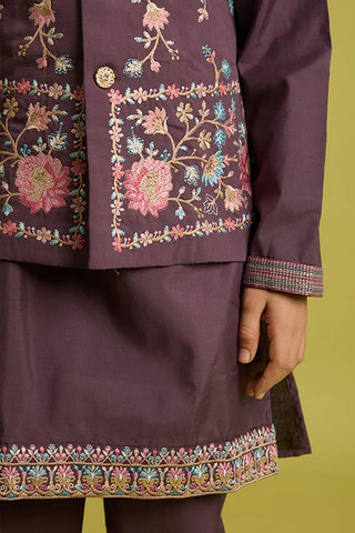 Premium Purple Kids Koti Kurta Pajama Set for Wedding Style