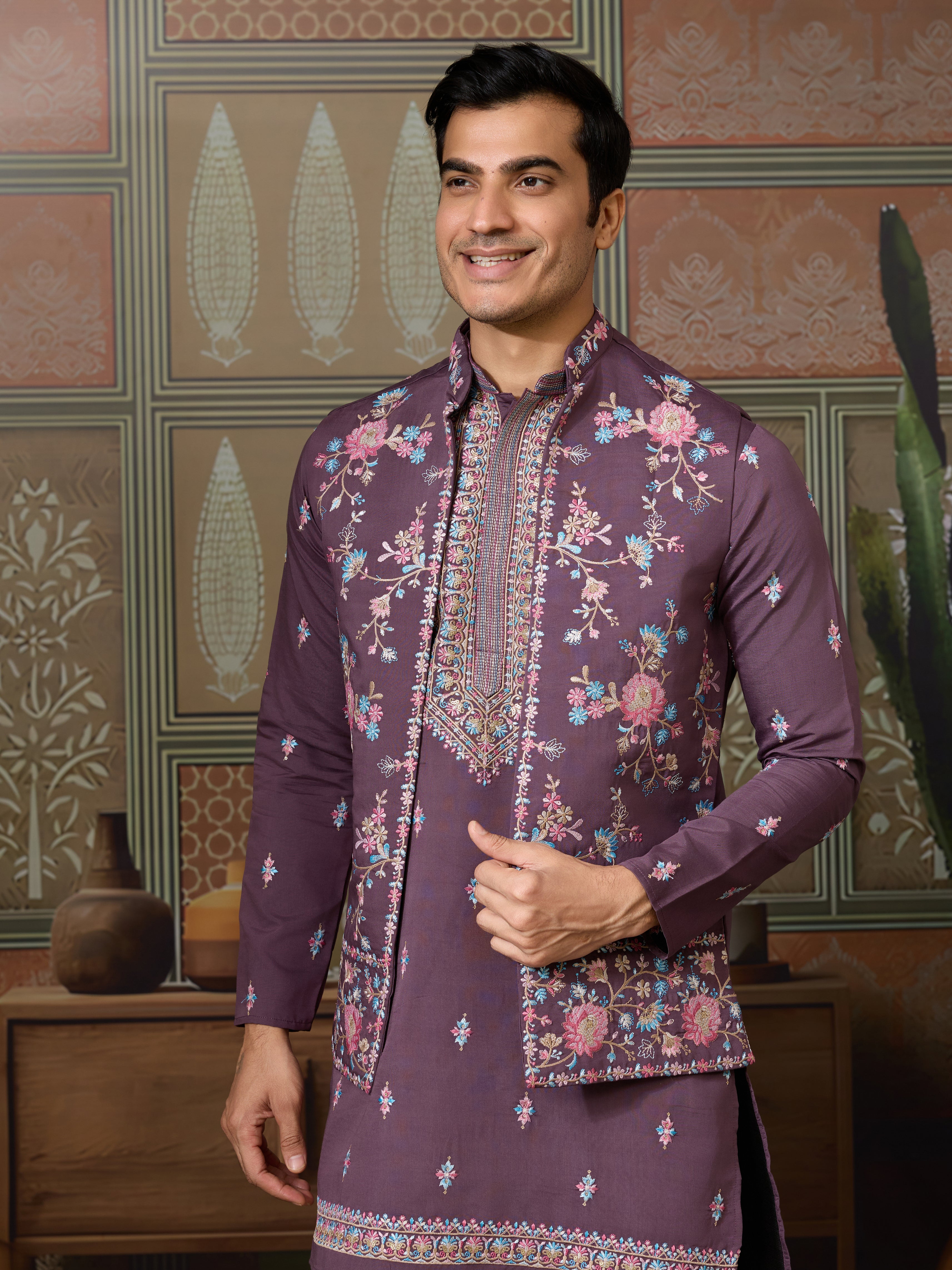 Dusty Purple Wedding Kurta with Matching Koti Set for men
