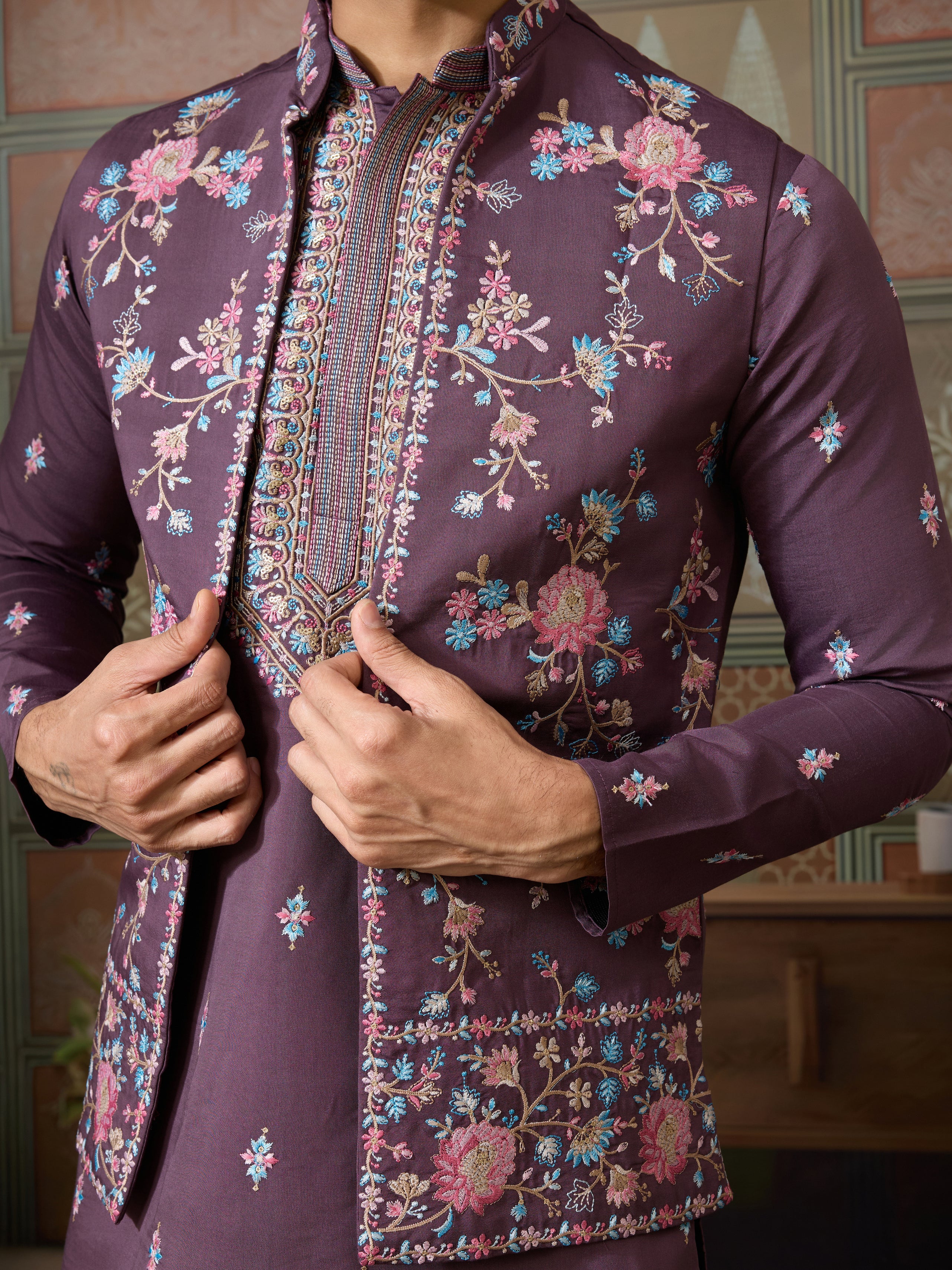 Dusty Purple Wedding Kurta with Matching Koti Set for men
