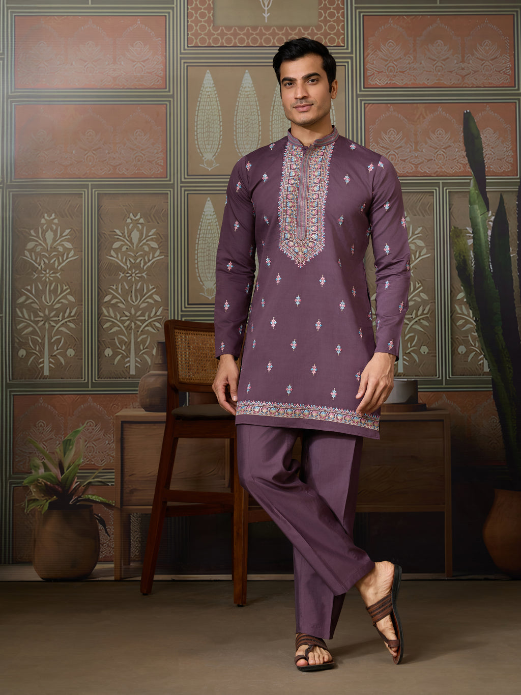 Dusty Purple Wedding Kurta with Matching Koti Set for men
