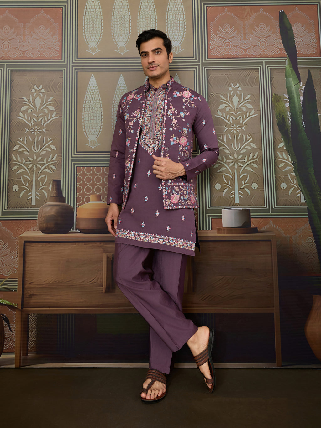Dusty Purple Wedding Kurta with Matching Koti Set for men

