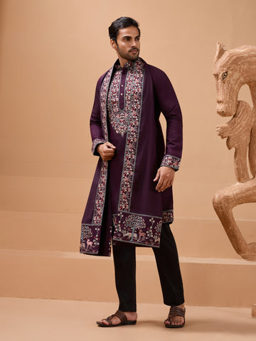 Ethnic Look Purple Kurta with Dupatta Mens Wear Special
