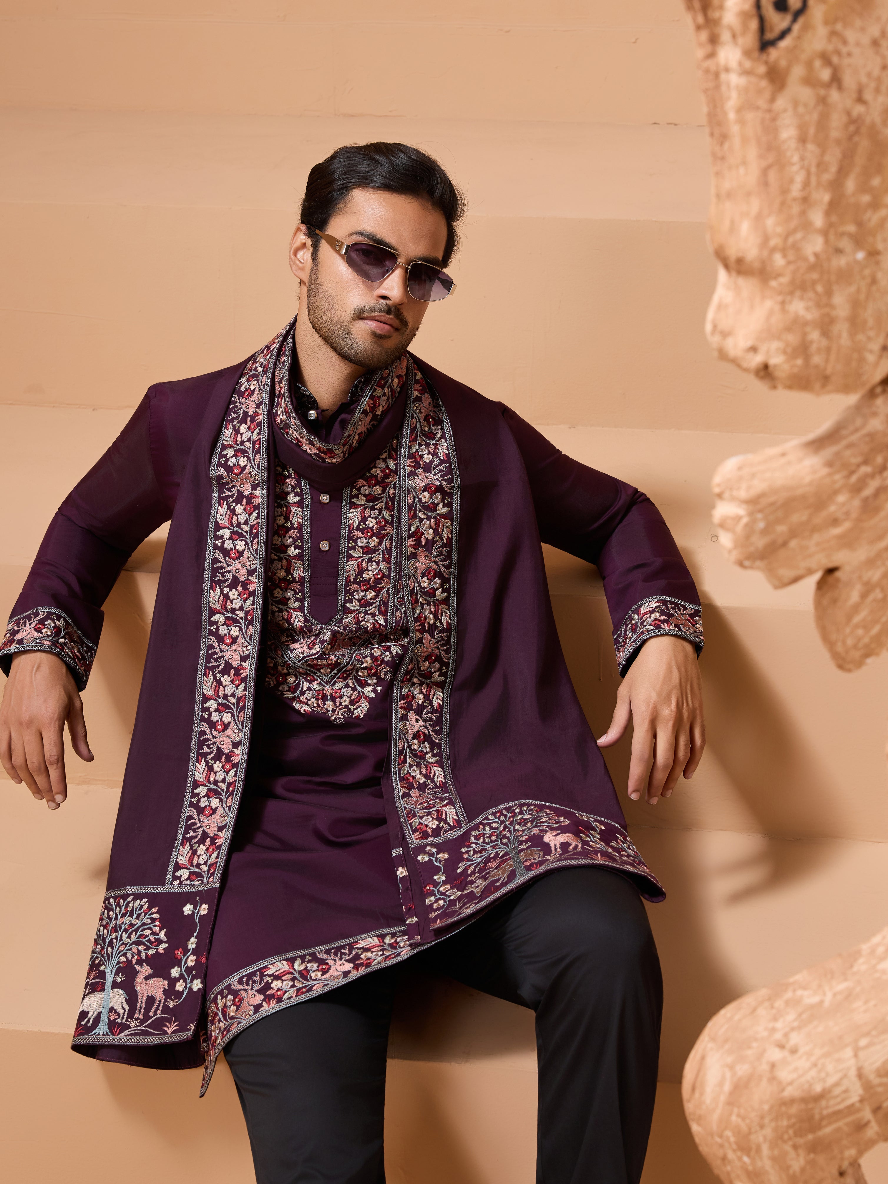 Ethnic Look Purple Kurta with Dupatta Mens Wear Special
