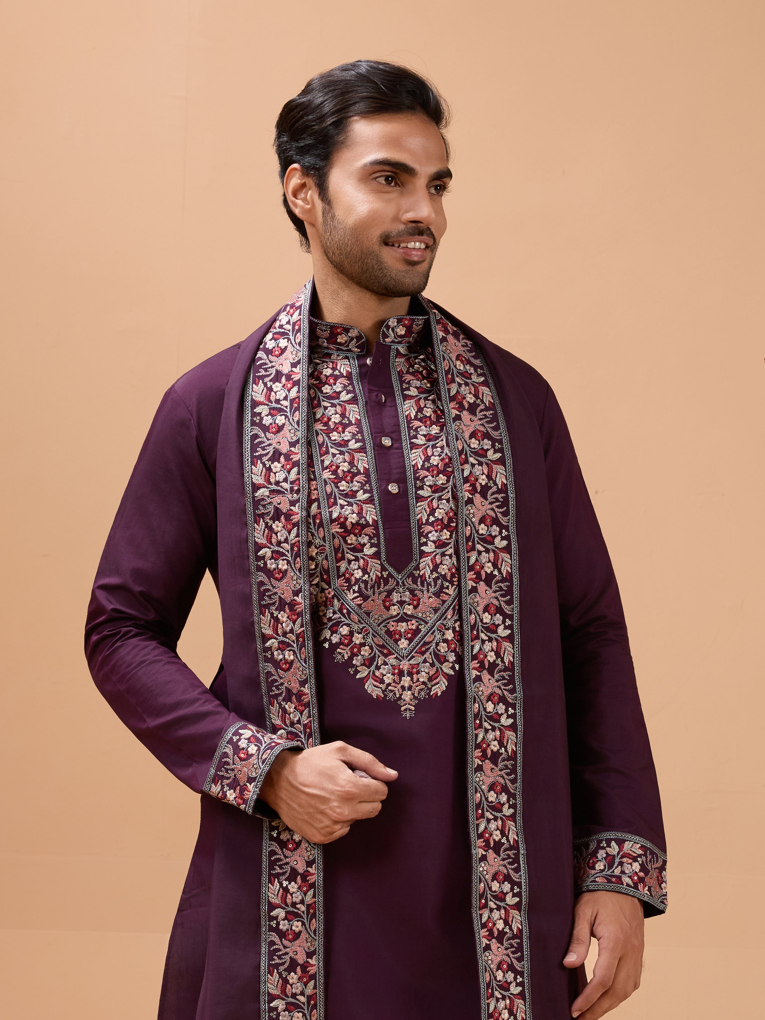 Ethnic Look Purple Kurta with Dupatta Mens Wear Special