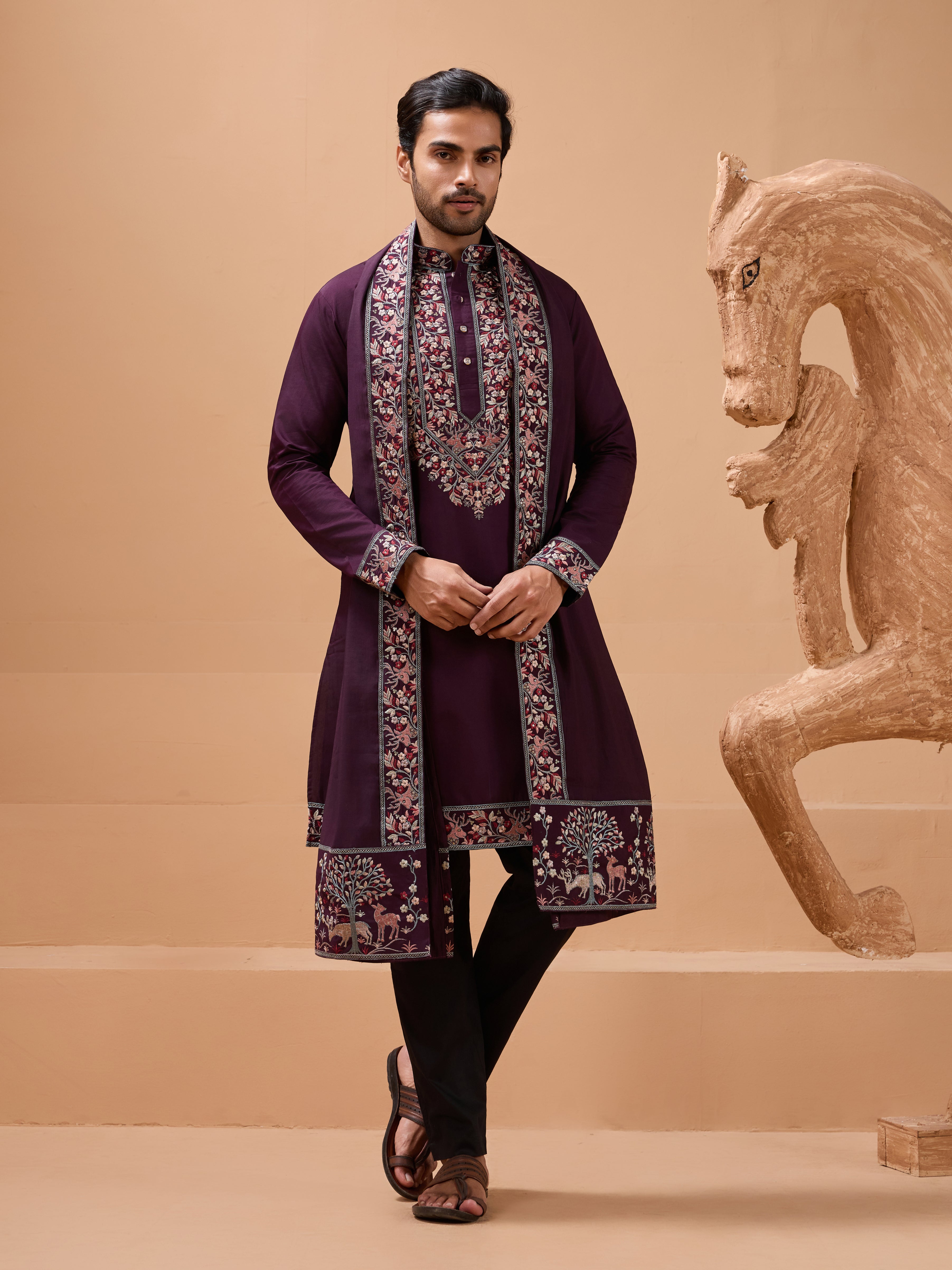 Ethnic Look Purple Kurta with Dupatta Mens Wear Special