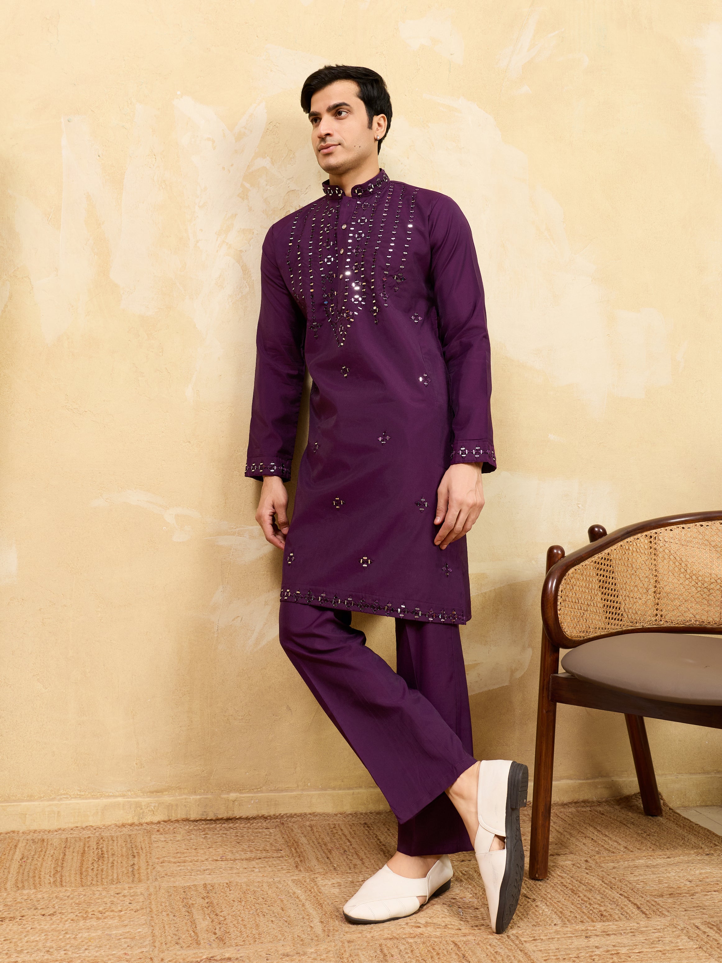 Classy Purple Mirror Embroidered Kurta and Pant for Wedding Wear
