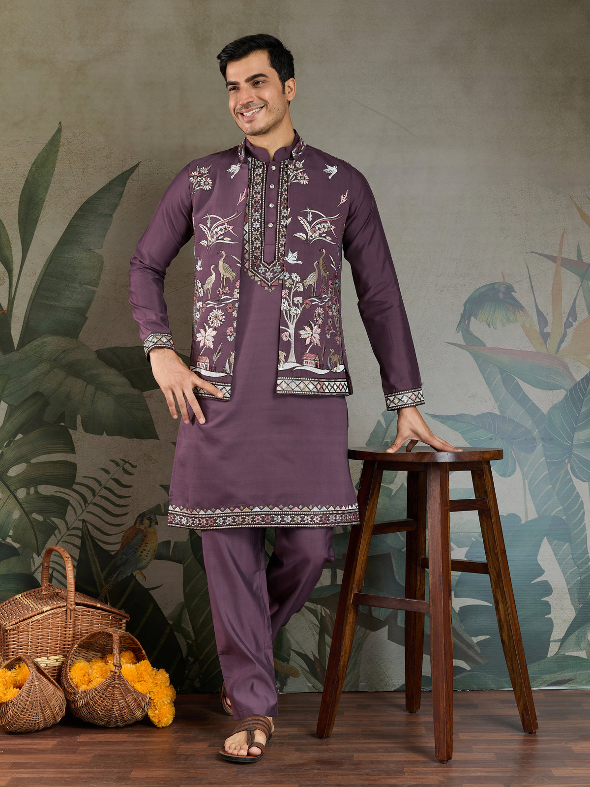 Rust Purple Open Koti Style Kurta Pajama Set for Men