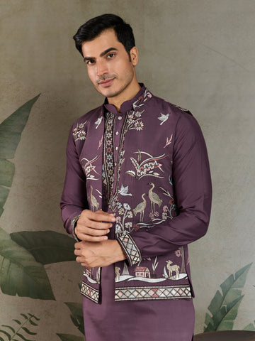 Rust Purple Open Koti Style Kurta Pajama Set for Men
