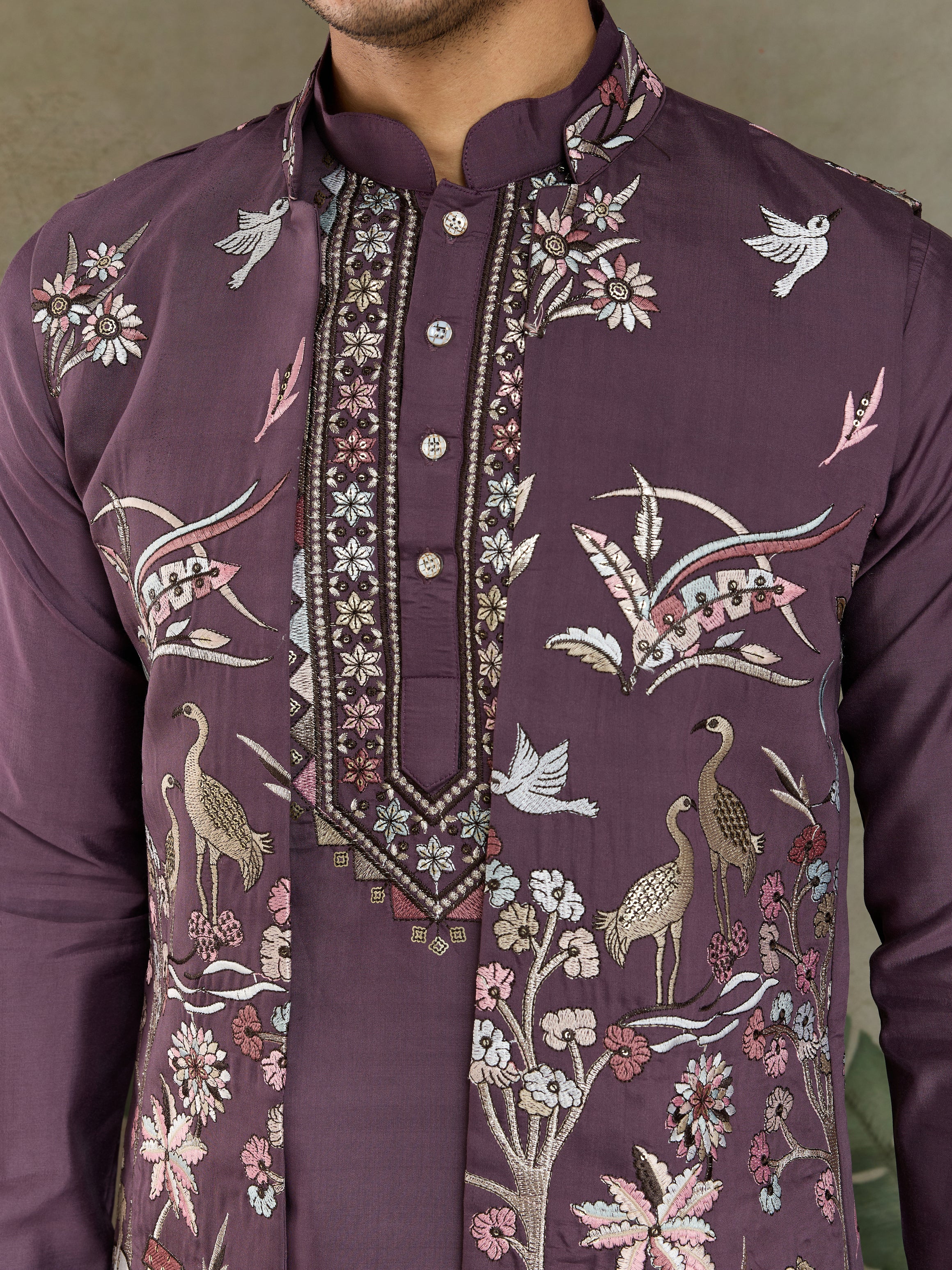 Rust Purple Open Koti Style Kurta Pajama Set for Men