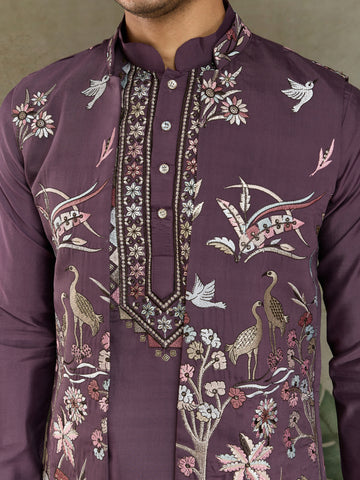 Rust Purple Open Koti Style Kurta Pajama Set for Men