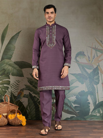Rust Purple Open Koti Style Kurta Pajama Set for Men