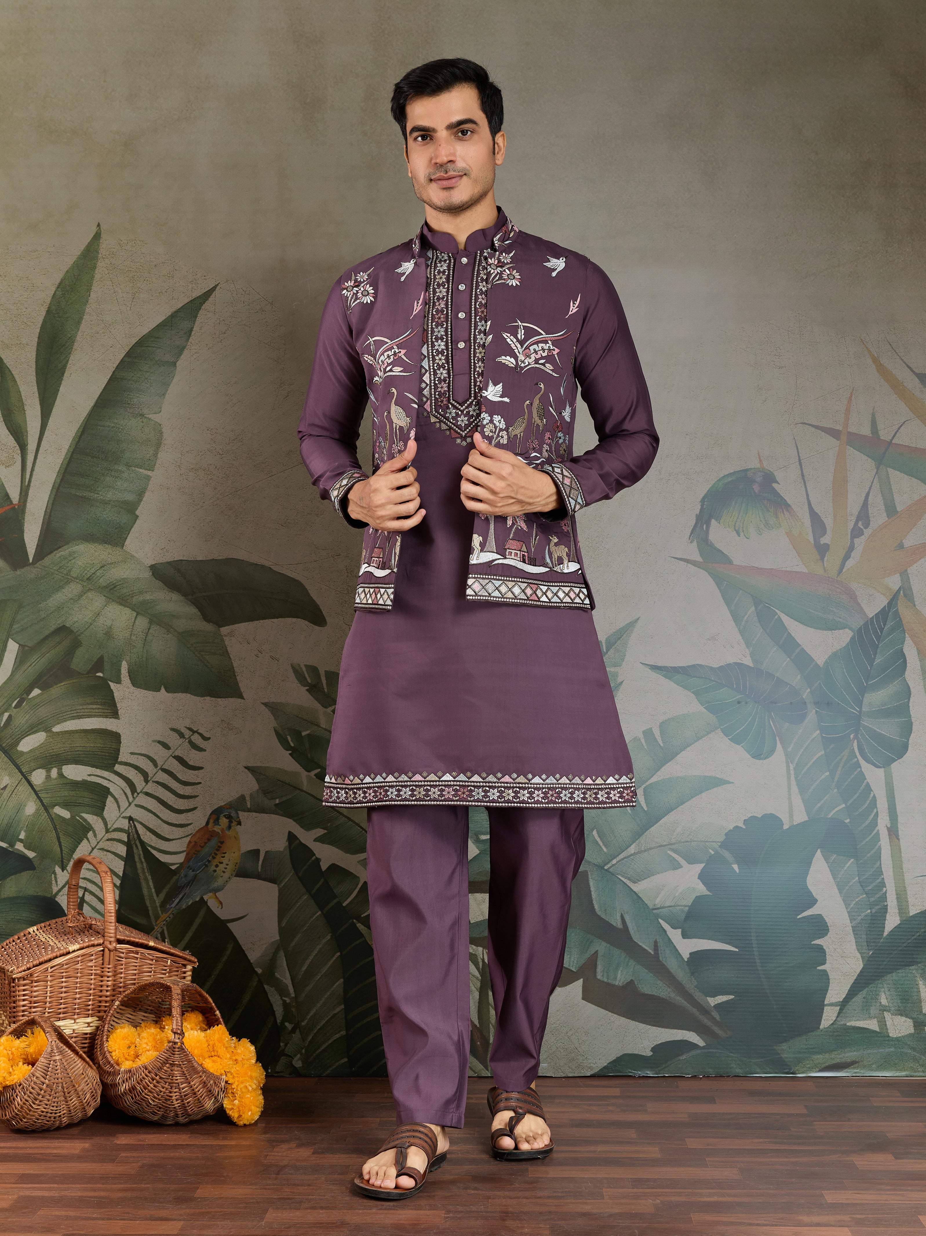 Rust Purple Open Koti Style Kurta Pajama Set for Men