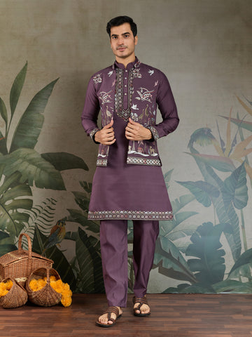 Rust Purple Open Koti Style Kurta Pajama Set for Men