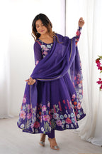 Pure Soft Organza Silk Fabric Fully Flair Kali Pattern and Canvas Patta With Dupatta Set ,Pent Ready to Wear - Purple
