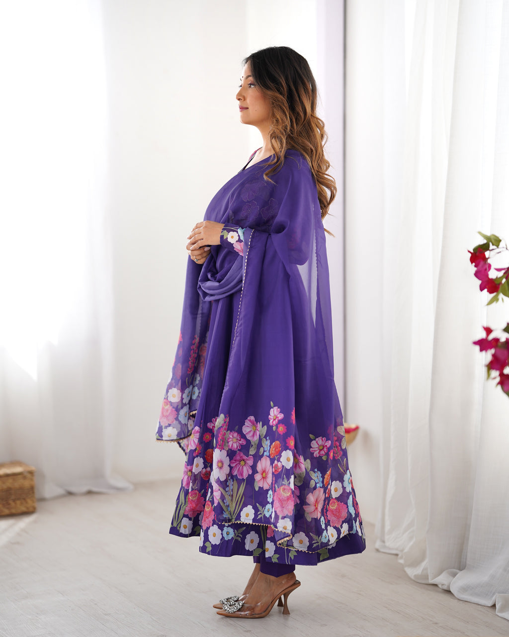 Pure Soft Organza Silk Fabric Fully Flair Kali Pattern and Canvas Patta With Dupatta Set ,Pent Ready to Wear - Purple

