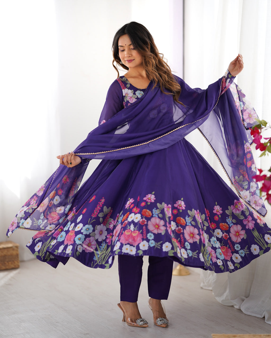 Pure Soft Organza Silk Fabric Fully Flair Kali Pattern and Canvas Patta With Dupatta Set ,Pent Ready to Wear - Purple
