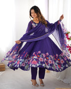 Pure Soft Organza Silk Fabric Fully Flair Kali Pattern and Canvas Patta With Dupatta Set ,Pent Ready to Wear - Purple
