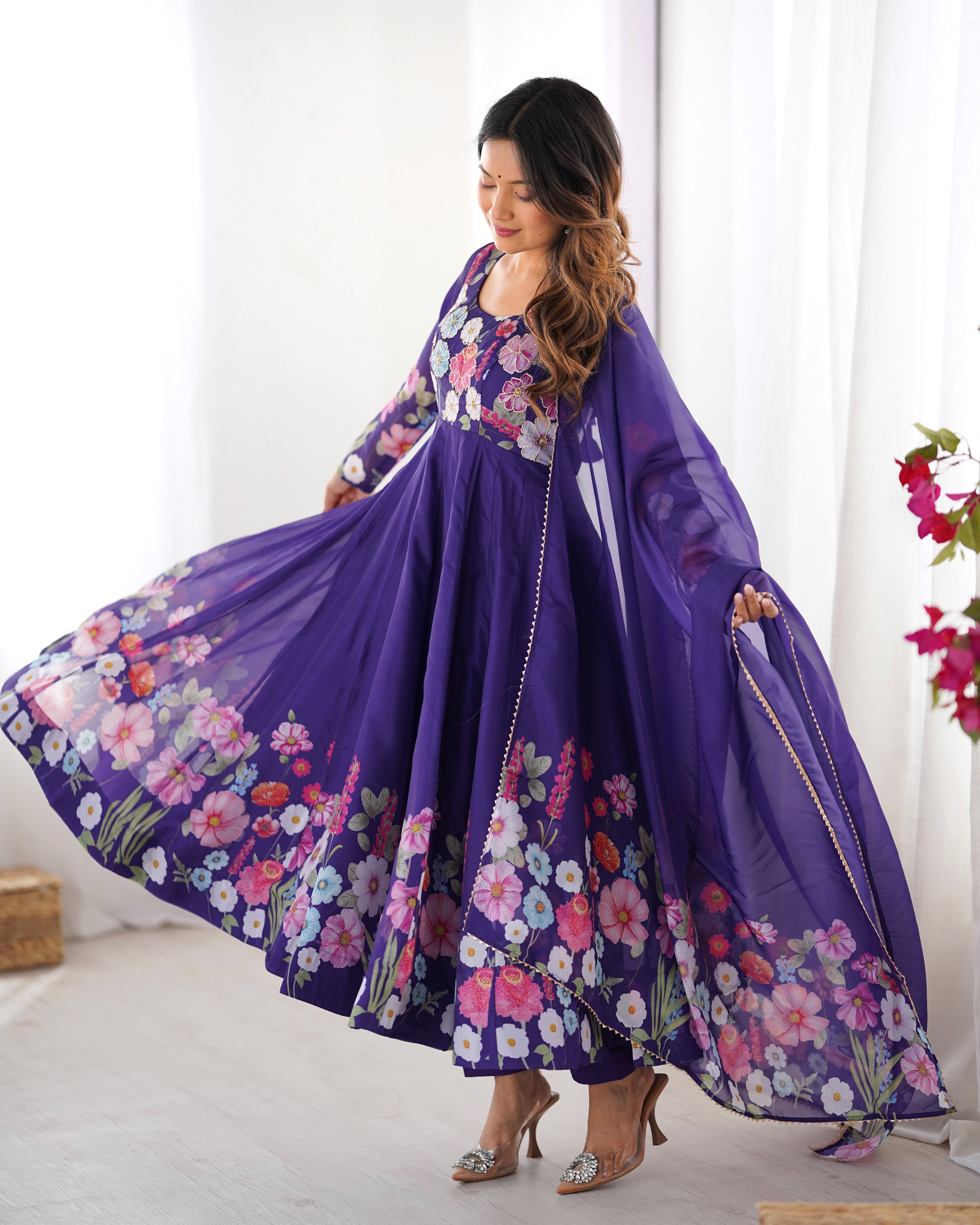 Pure Soft Organza Silk Fabric Fully Flair Kali Pattern and Canvas Patta With Dupatta Set ,Pent Ready to Wear - Purple
