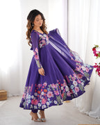 Pure Soft Organza Silk Fabric Fully Flair Kali Pattern and Canvas Patta With Dupatta Set ,Pent Ready to Wear - Purple
