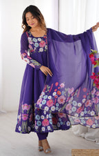 Pure Soft Organza Silk Fabric Fully Flair Kali Pattern and Canvas Patta With Dupatta Set ,Pent Ready to Wear - Purple
