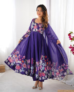 Pure Soft Organza Silk Fabric Fully Flair Kali Pattern and Canvas Patta With Dupatta Set ,Pent Ready to Wear - Purple
