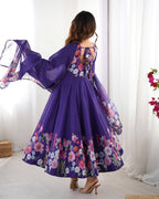 Pure Soft Organza Silk Fabric Fully Flair Kali Pattern and Canvas Patta With Dupatta Set ,Pent Ready to Wear - Purple
