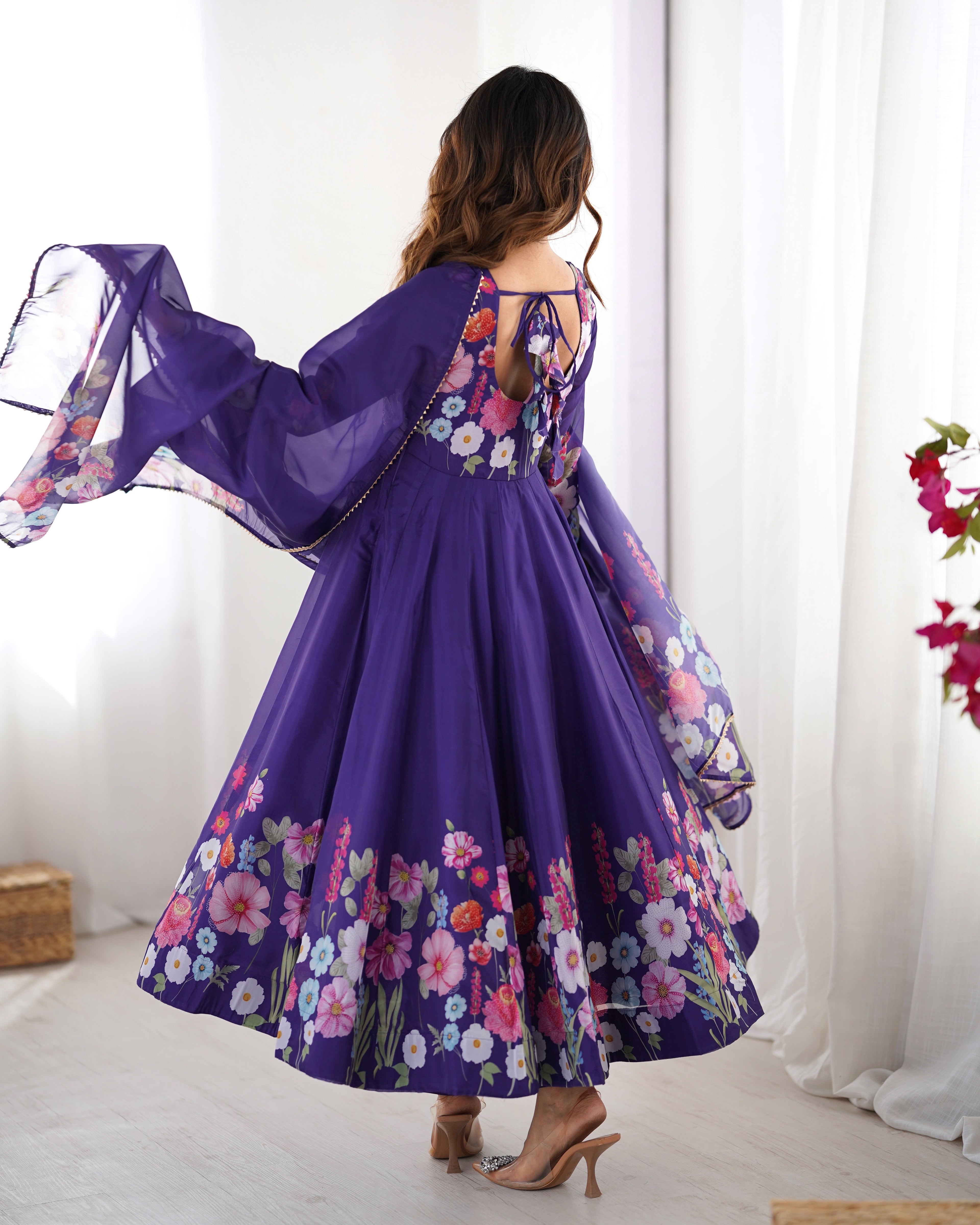 Pure Soft Organza Silk Fabric Fully Flair Kali Pattern and Canvas Patta With Dupatta Set ,Pent Ready to Wear - Purple

