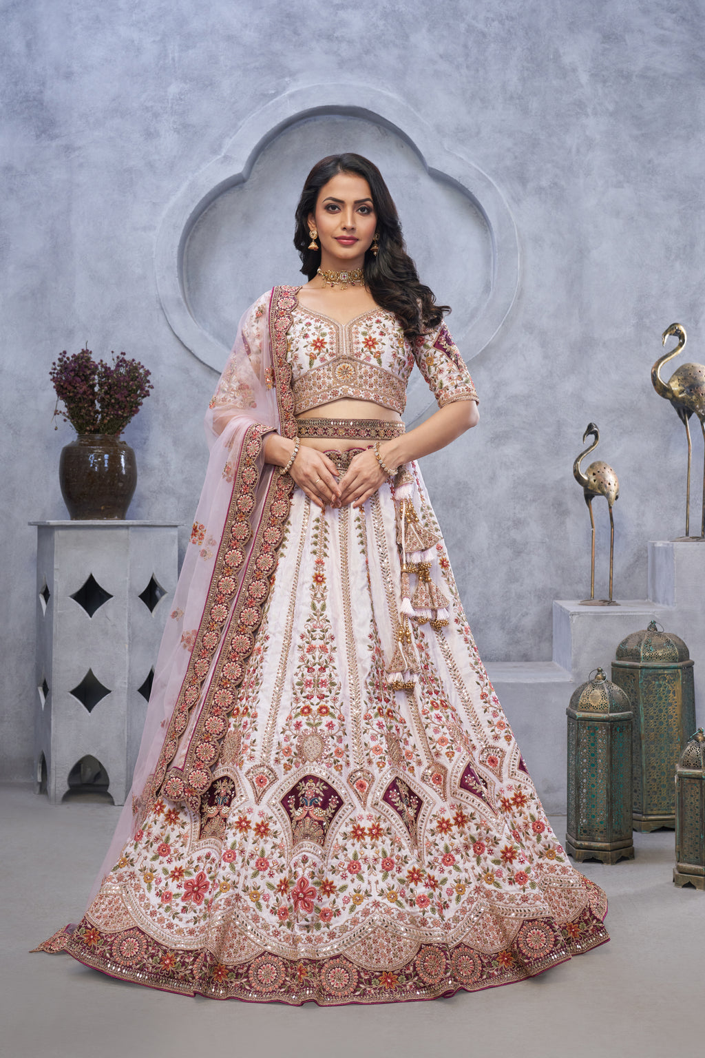 Light Purple Organza Silk Bridal Lehenga with Zari Paisley Embroider
