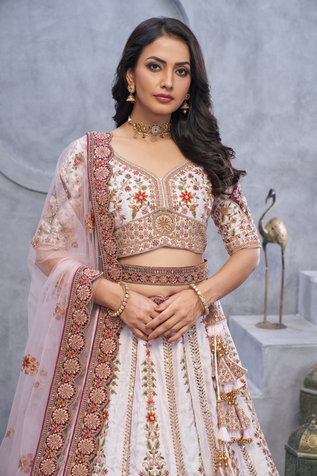 Light Purple Organza Silk Bridal Lehenga with Zari Paisley Embroider
