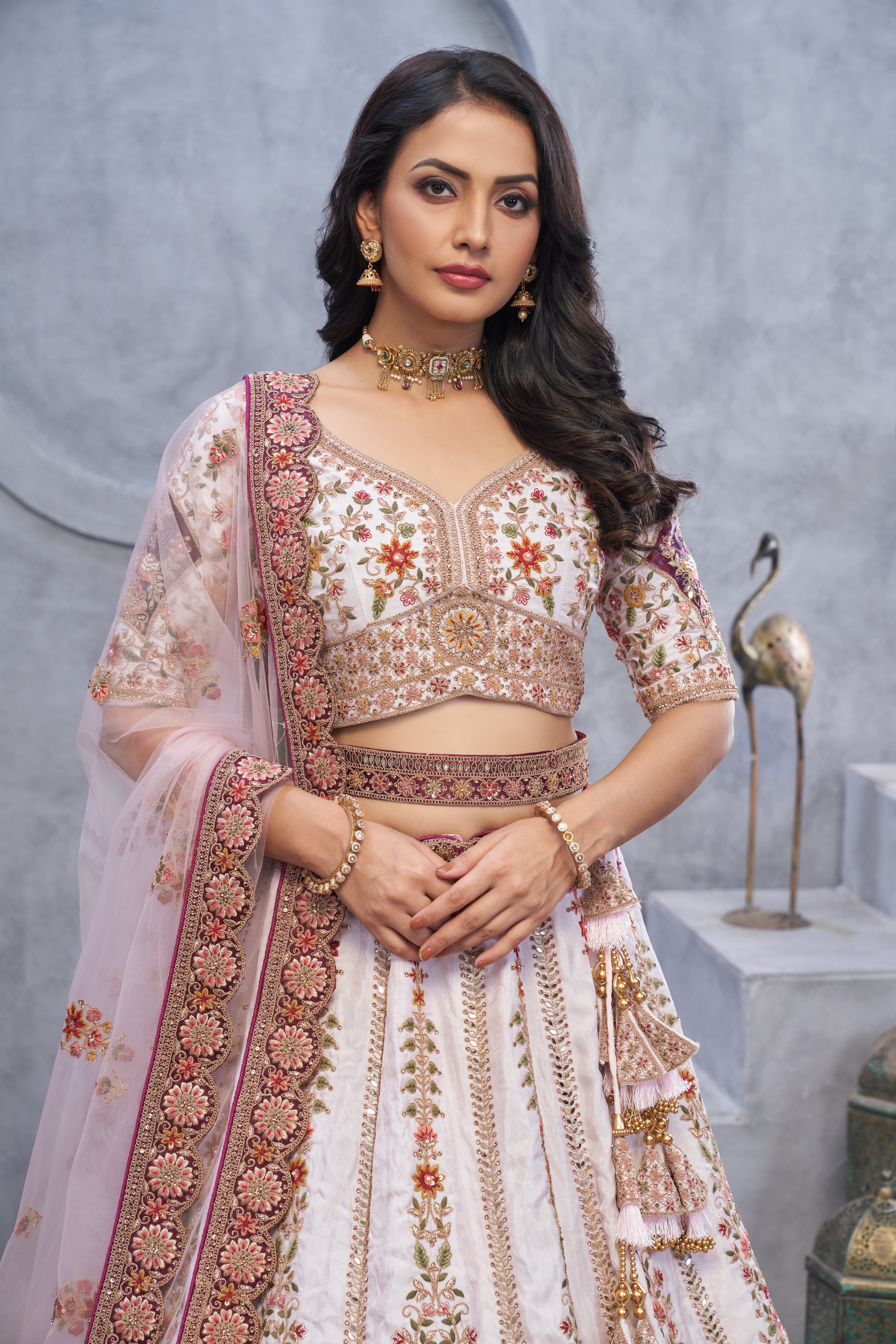 Light Purple Organza Silk Bridal Lehenga with Zari Paisley Embroider
