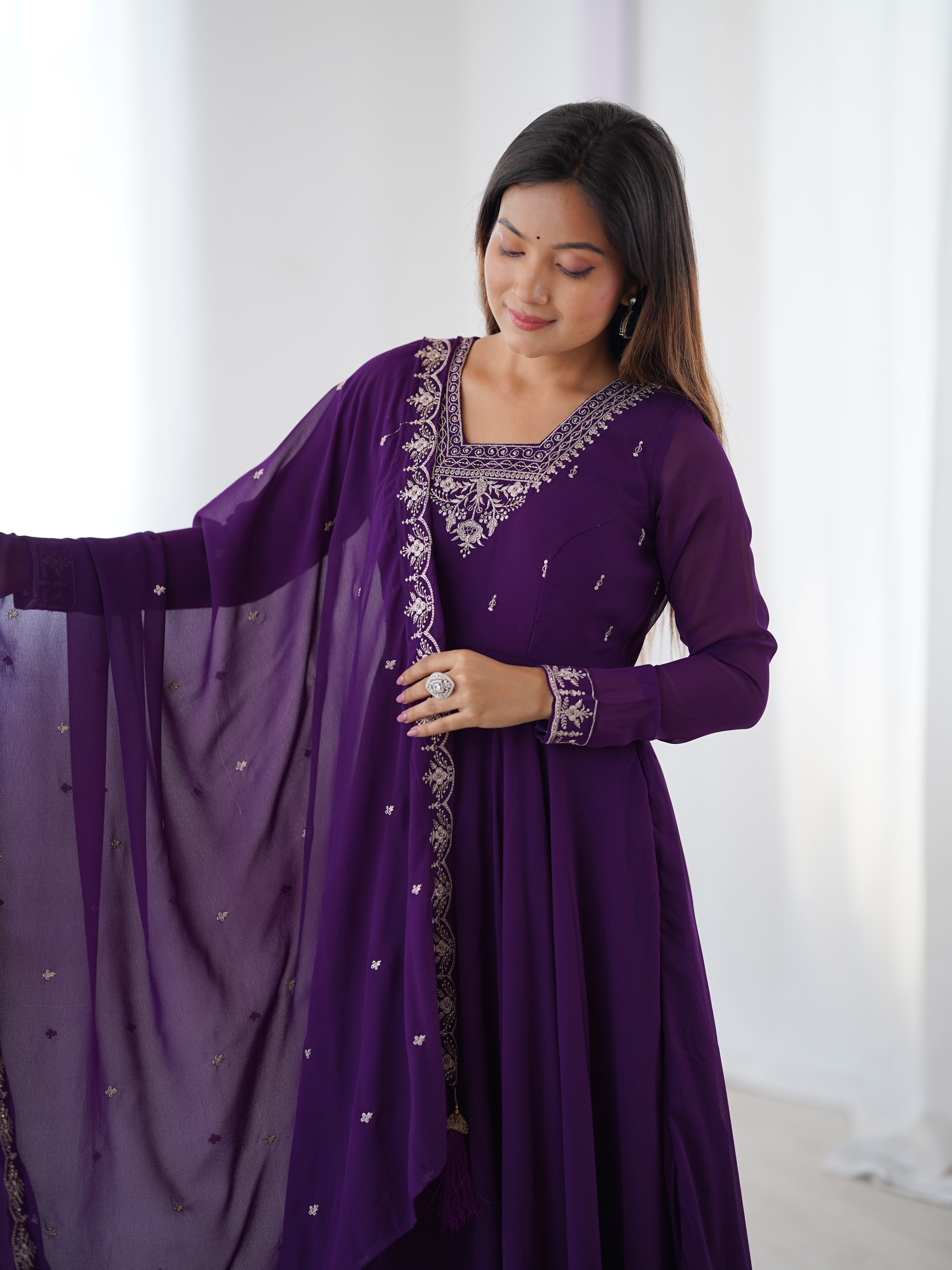 Pure Soft Faux Georgette Fully Flaired Anarkali Suit Comes With Duppatta & Pant - PURPLE
