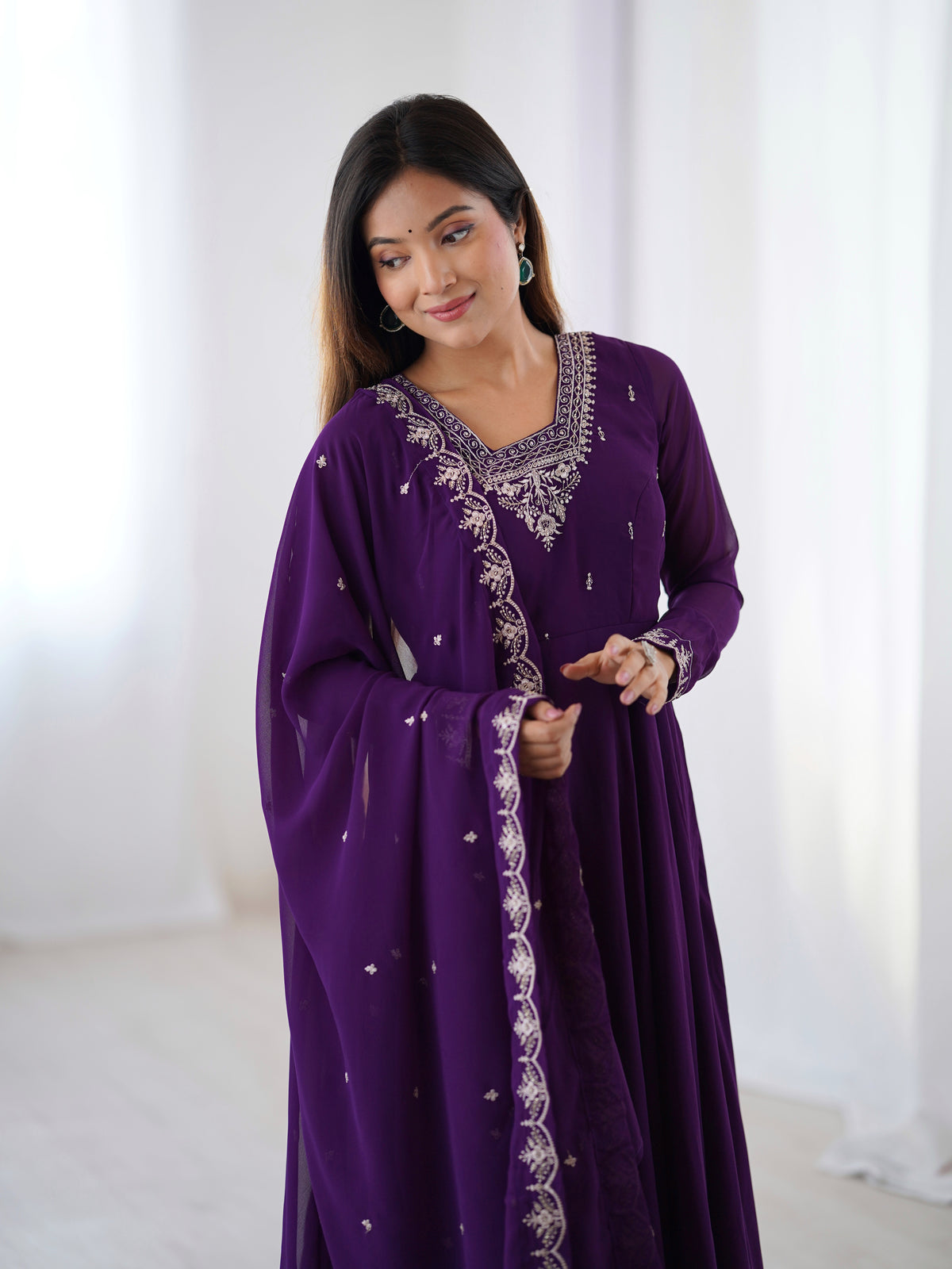 Pure Soft Faux Georgette Fully Flaired Anarkali Suit Comes With Duppatta & Pant - PURPLE
