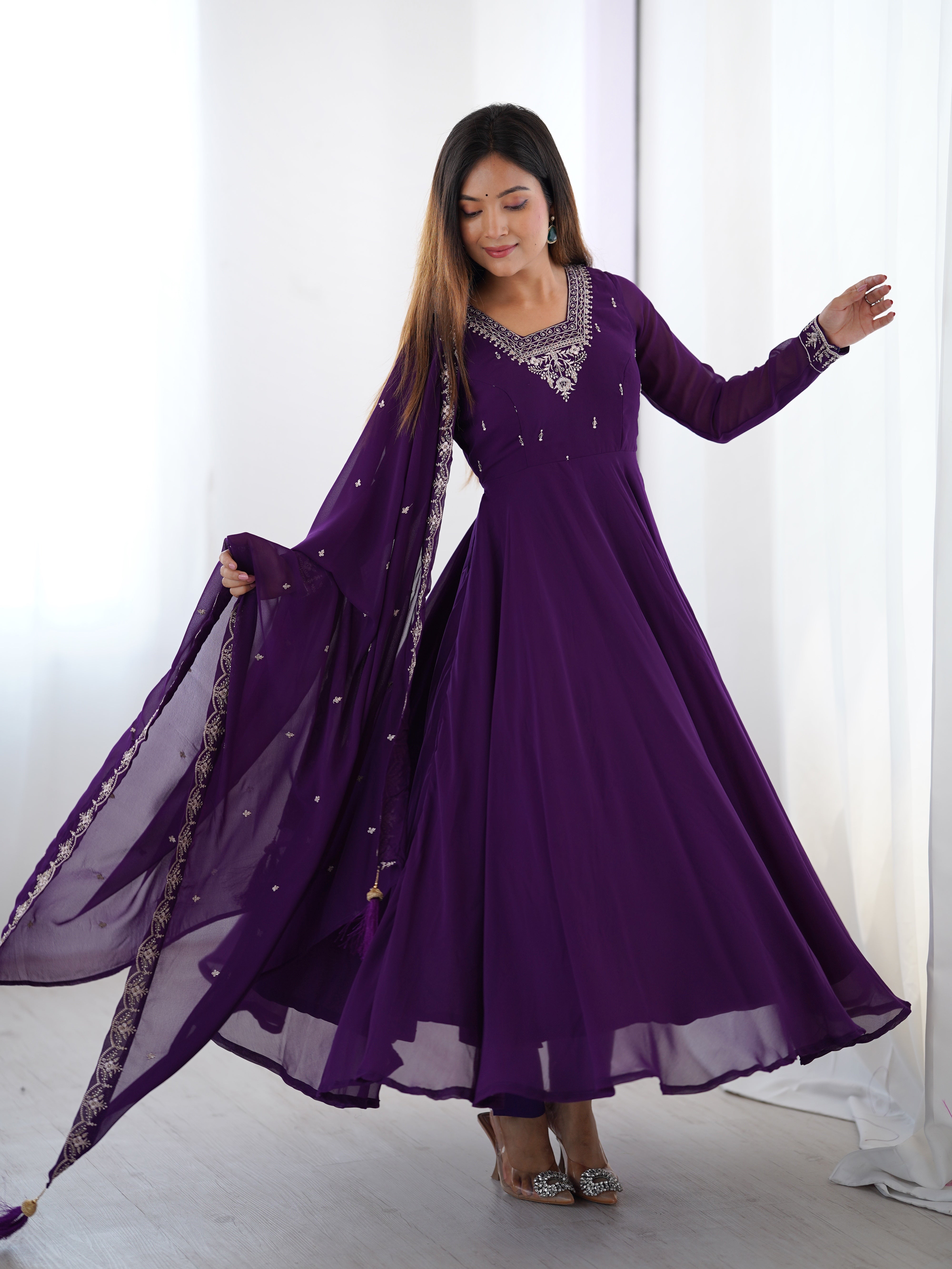 Pure Soft Faux Georgette Fully Flaired Anarkali Suit Comes With Duppatta & Pant - PURPLE
