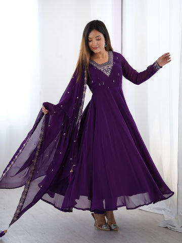 Pure Soft Faux Georgette Fully Flaired Anarkali Suit Comes With Duppatta & Pant - PURPLE
