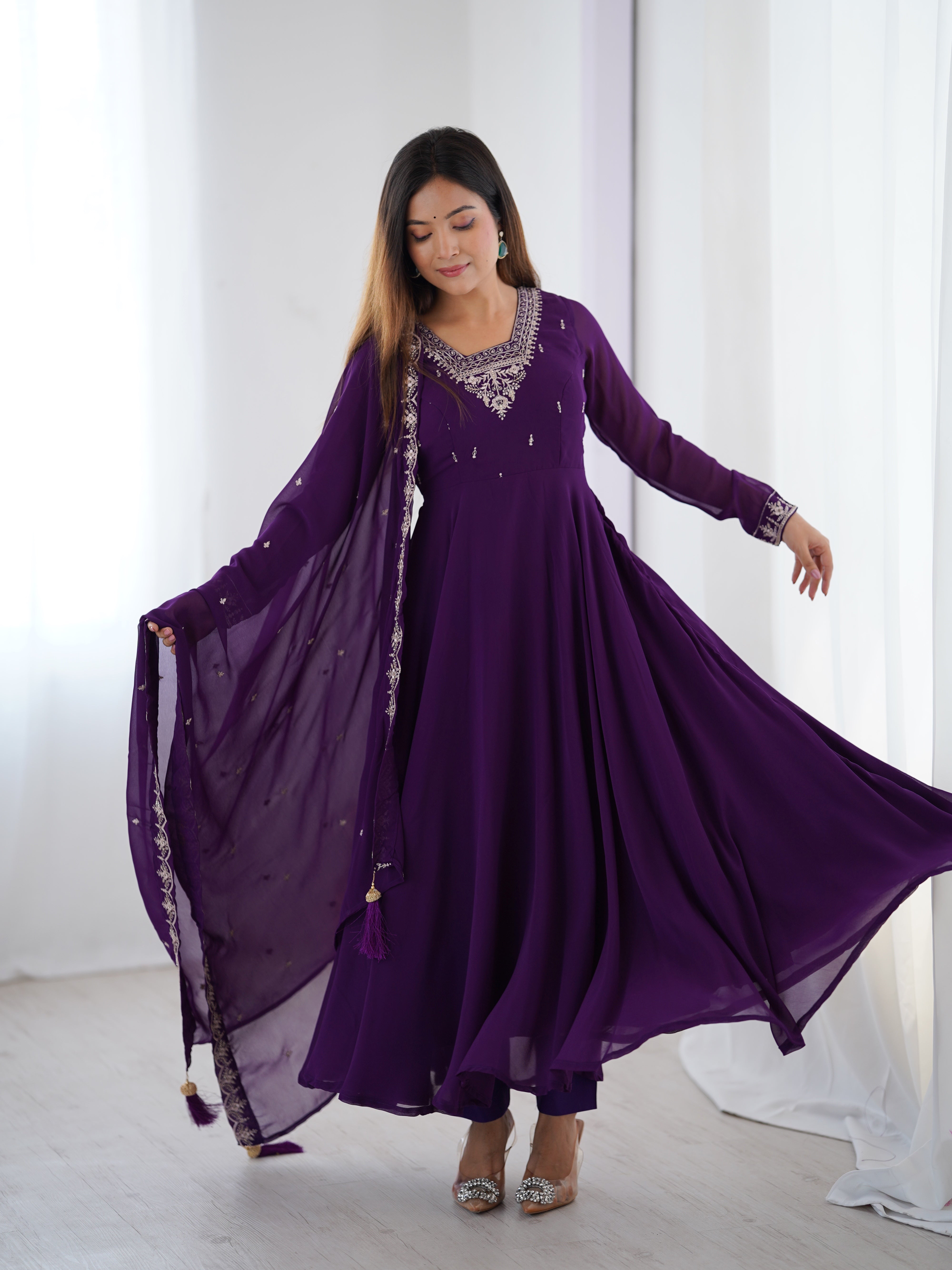 Pure Soft Faux Georgette Fully Flaired Anarkali Suit Comes With Duppatta & Pant - PURPLE
