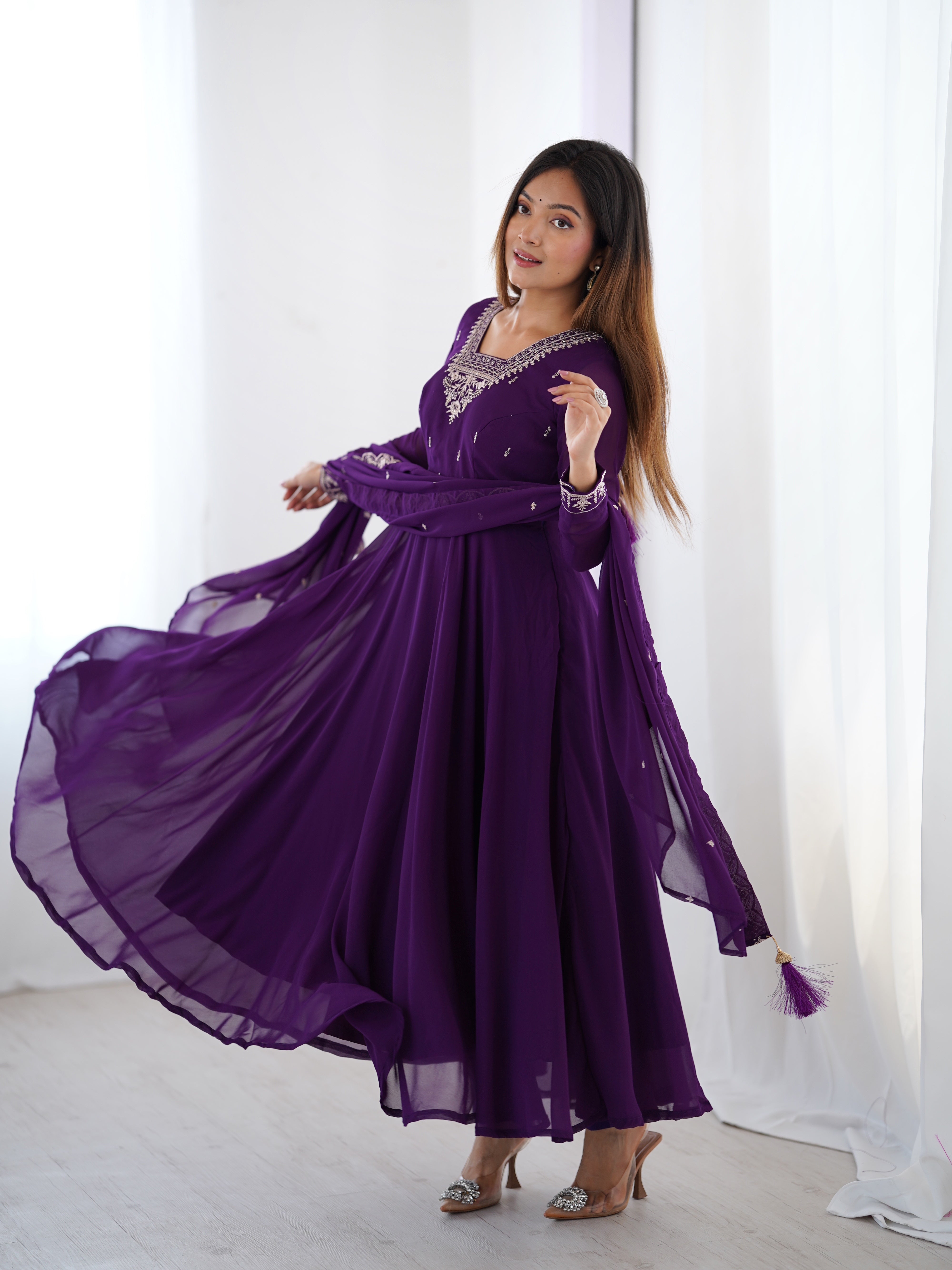 Pure Soft Faux Georgette Fully Flaired Anarkali Suit Comes With Duppatta & Pant - PURPLE
