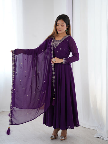Pure Soft Faux Georgette Fully Flaired Anarkali Suit Comes With Duppatta & Pant - PURPLE

