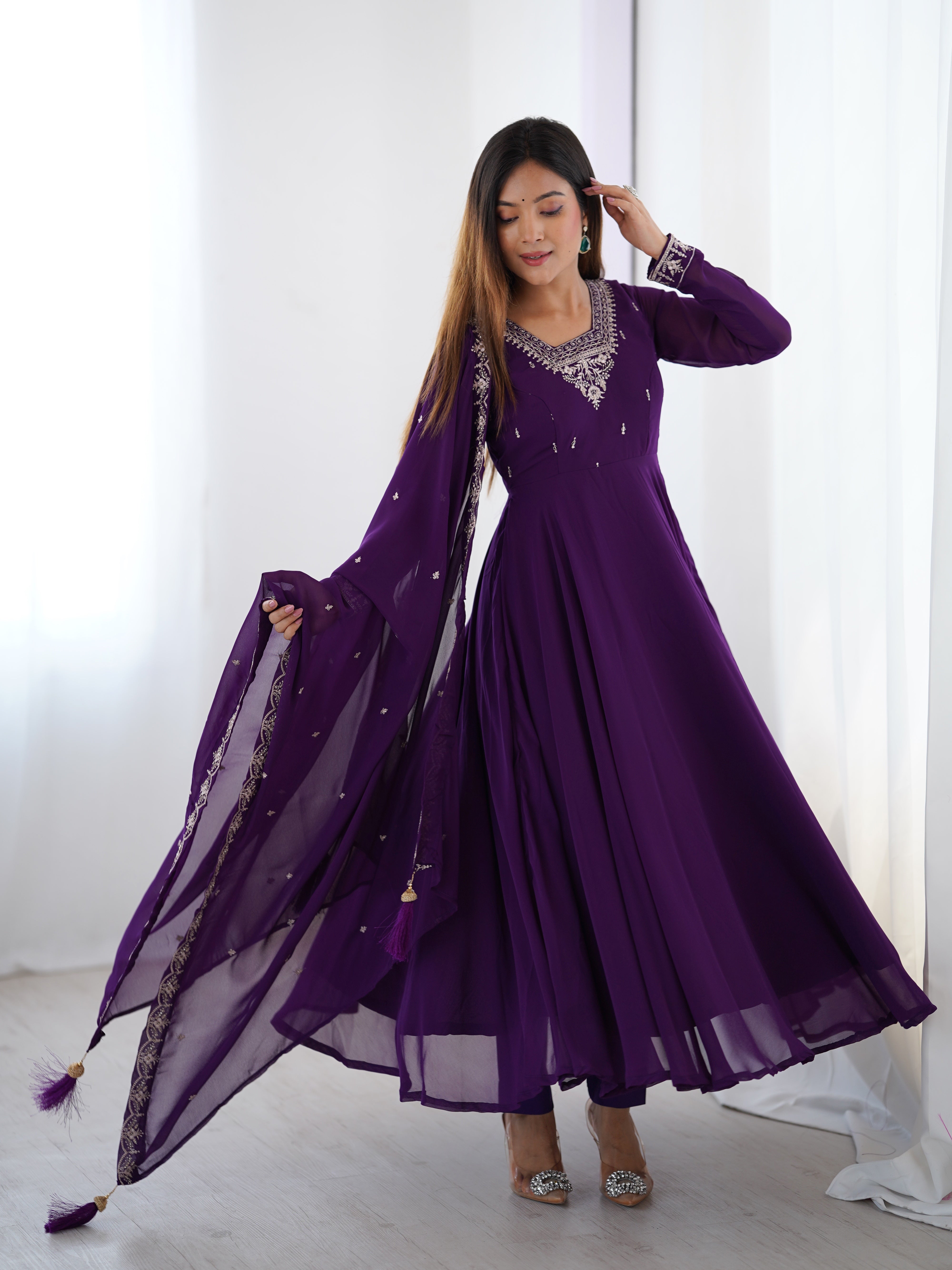 Pure Soft Faux Georgette Fully Flaired Anarkali Suit Comes With Duppatta & Pant - PURPLE
