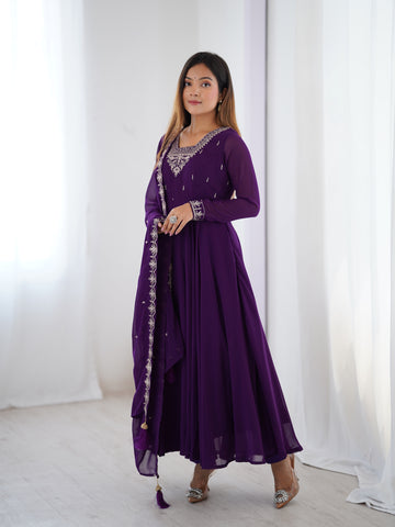Pure Soft Faux Georgette Fully Flaired Anarkali Suit Comes With Duppatta & Pant - PURPLE
